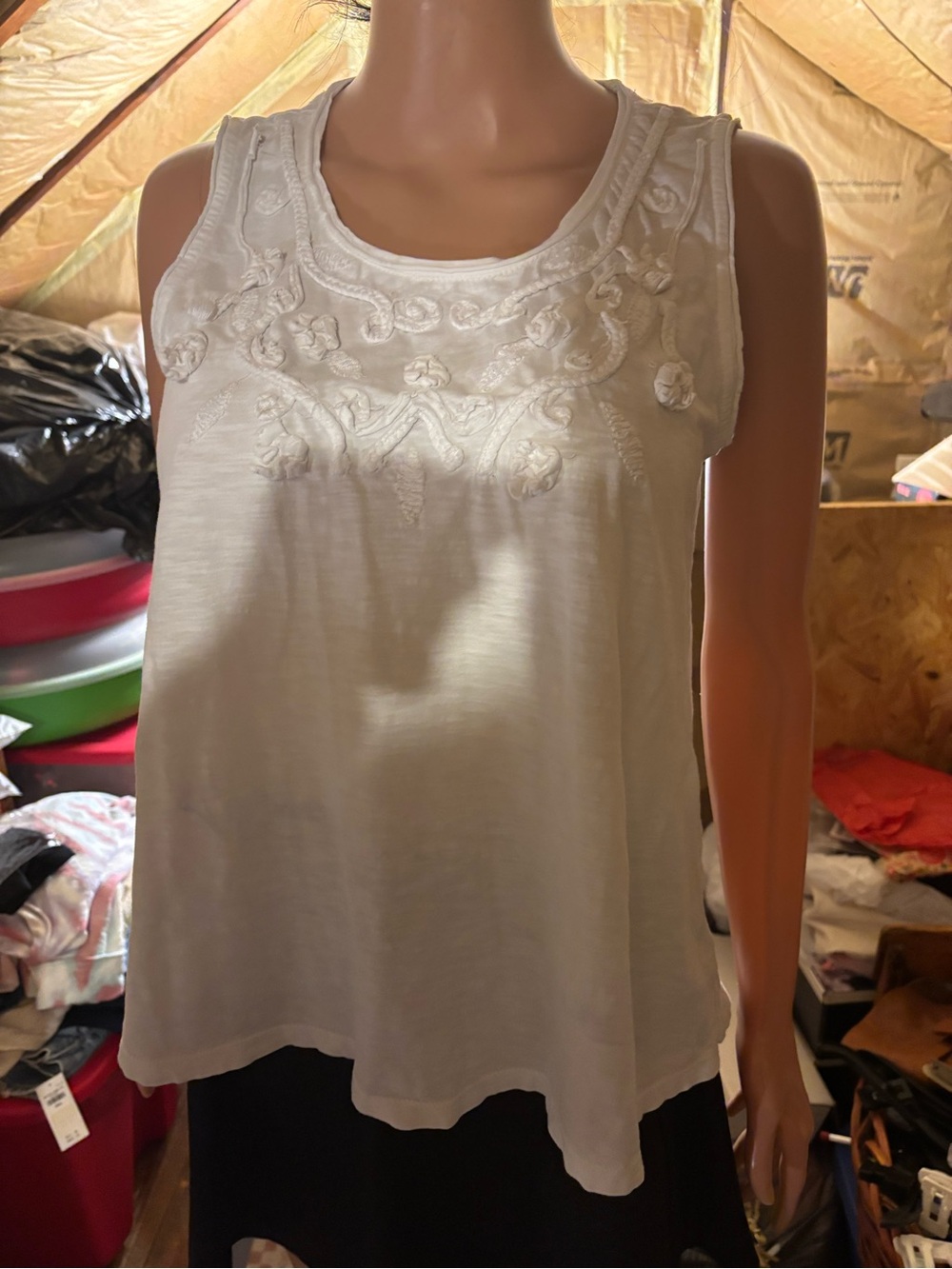 Sleeveless Embroidered White Tank Top - Lightweight Women’s Top Size S